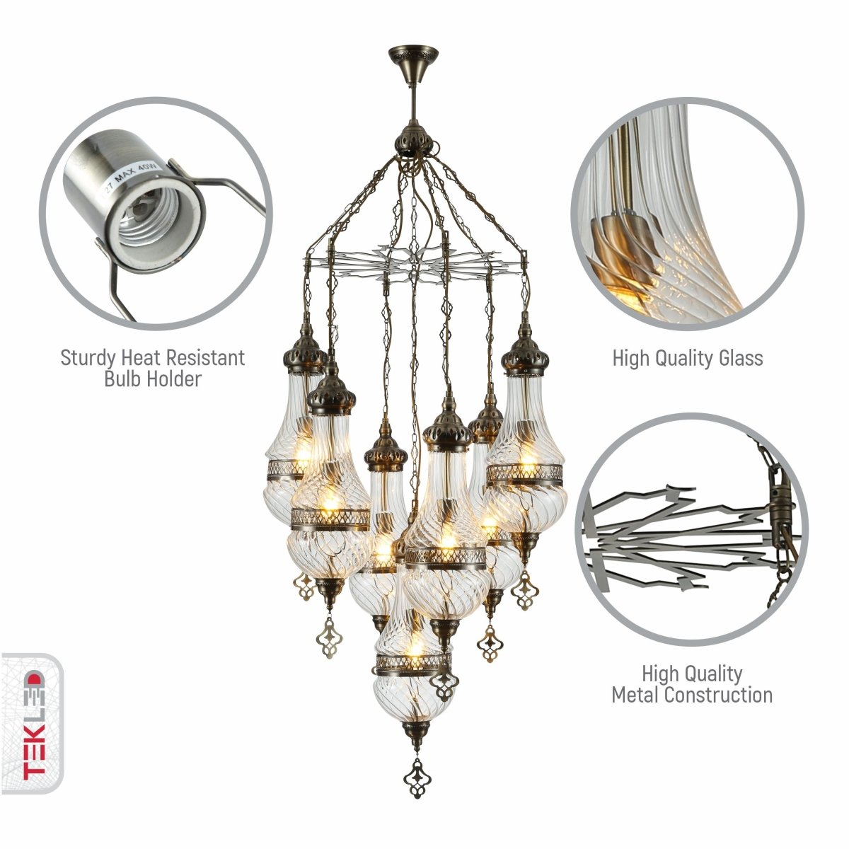 Close up shots of Moroccan Style Antique Brass and Clear Glass Chandelier with 7xE27 | TEKLED 158-19557