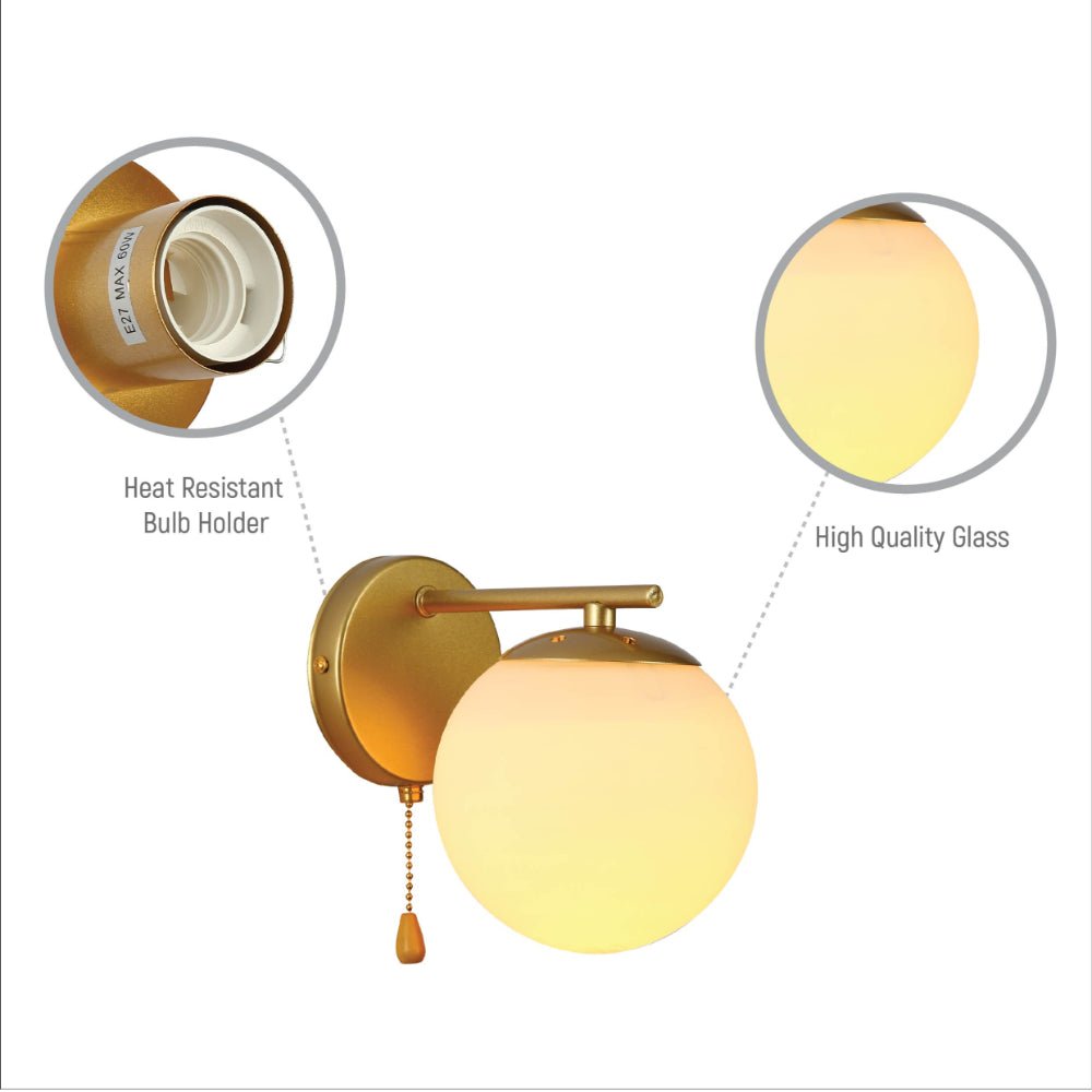Close up shots of Opal Globe Glass Gold Metal Body Vintage Retro Wall Light with Pull Down Switch E27 Fitting | TEKLED 151-19780