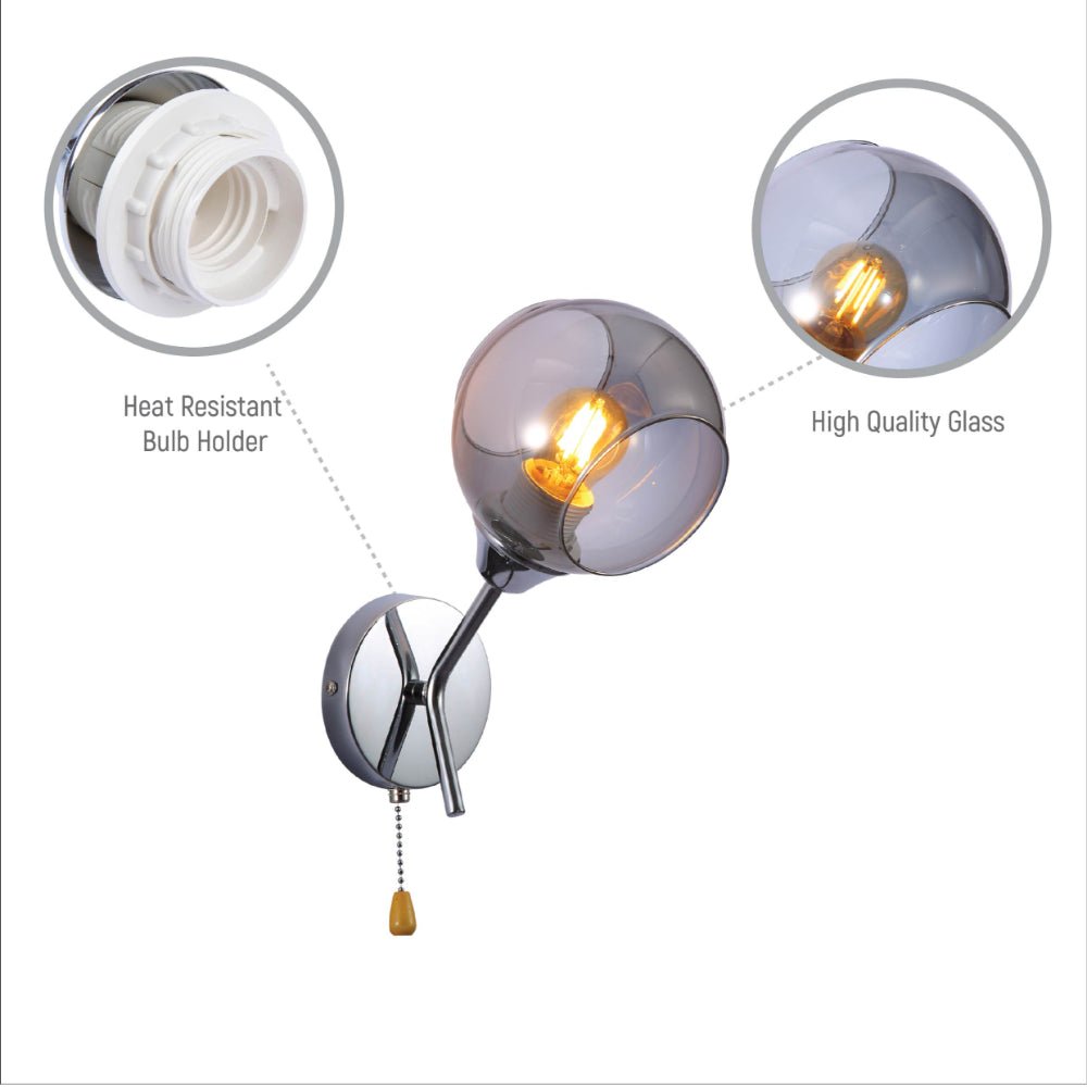 Close up shots of Smoky Barrel Glass Chrome Metal Body Sputnik Modern Wall Light with Pull Down Switch E27 Fitting | TEKLED 151-19794