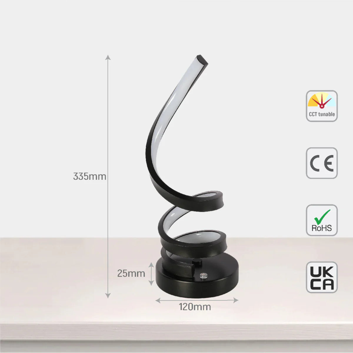 Size and certifications of Contemporary Spiral LED Table Lamp with Adjustable CCT - Black Finish 130-03641