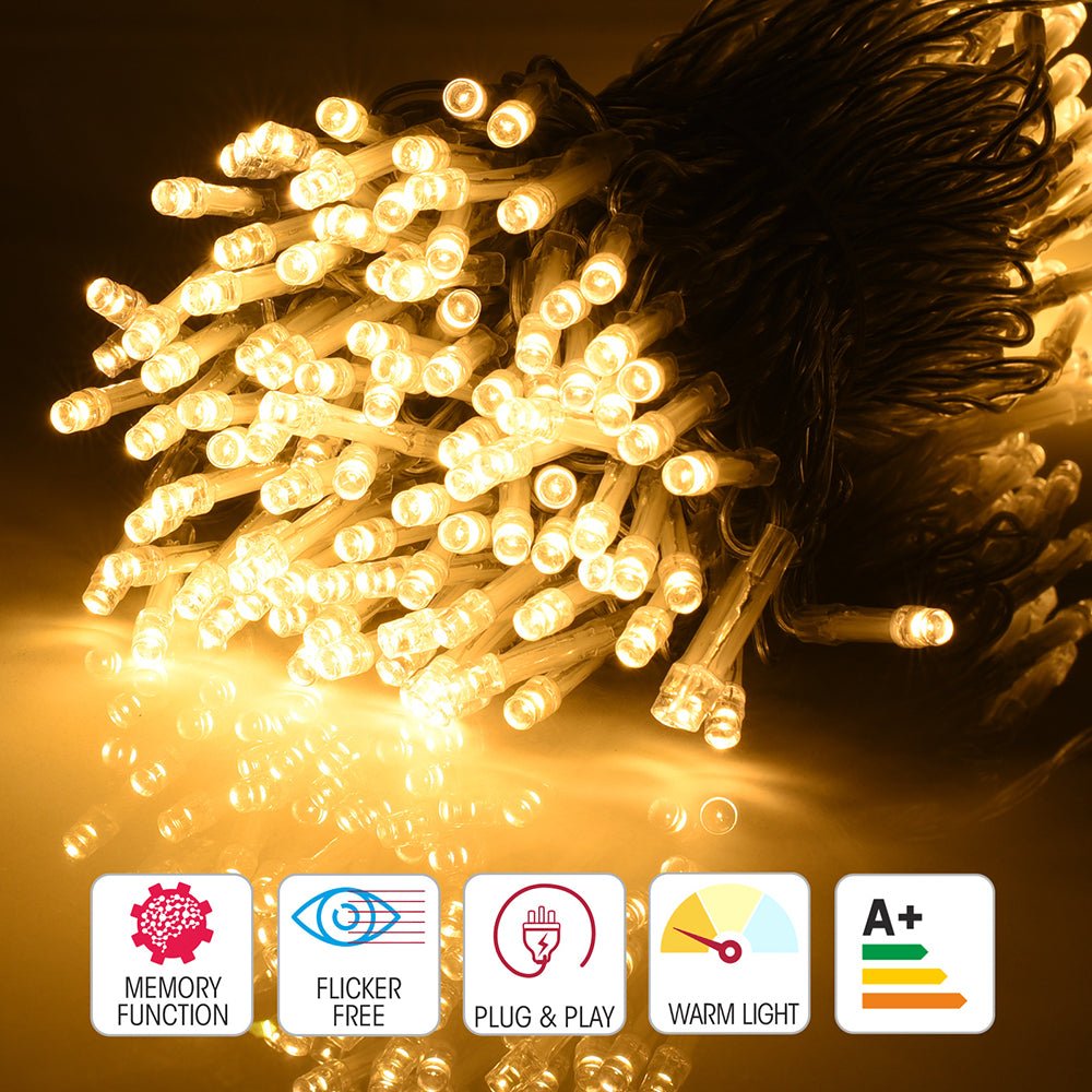 Close up and features of Crater LED String Light 200 LEDs 25m with Power Adaptor Warm White LED String Light