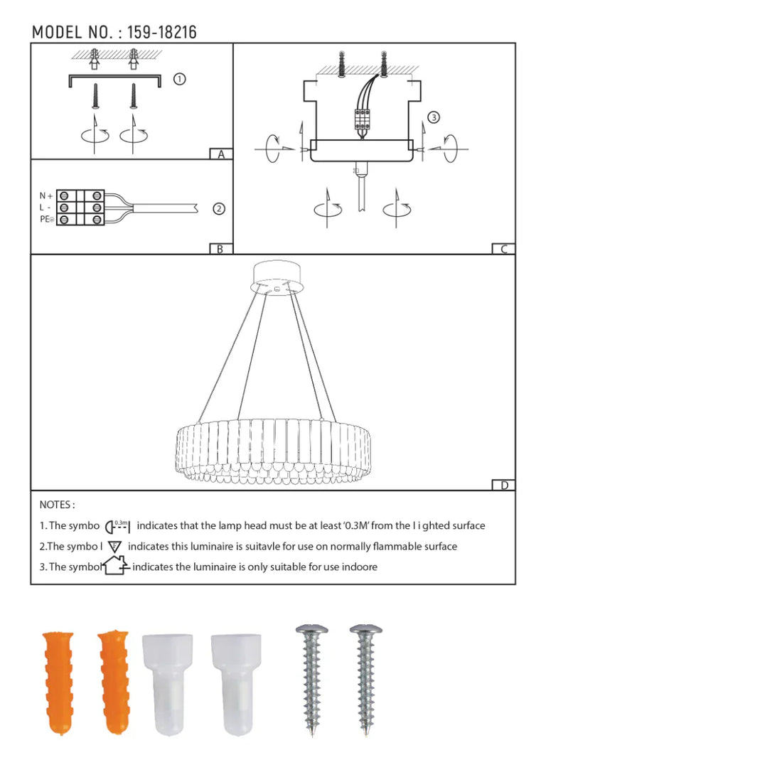 Technical specs of Crystal Gold Pendant Chandelier Light with Remote Control 159-18216