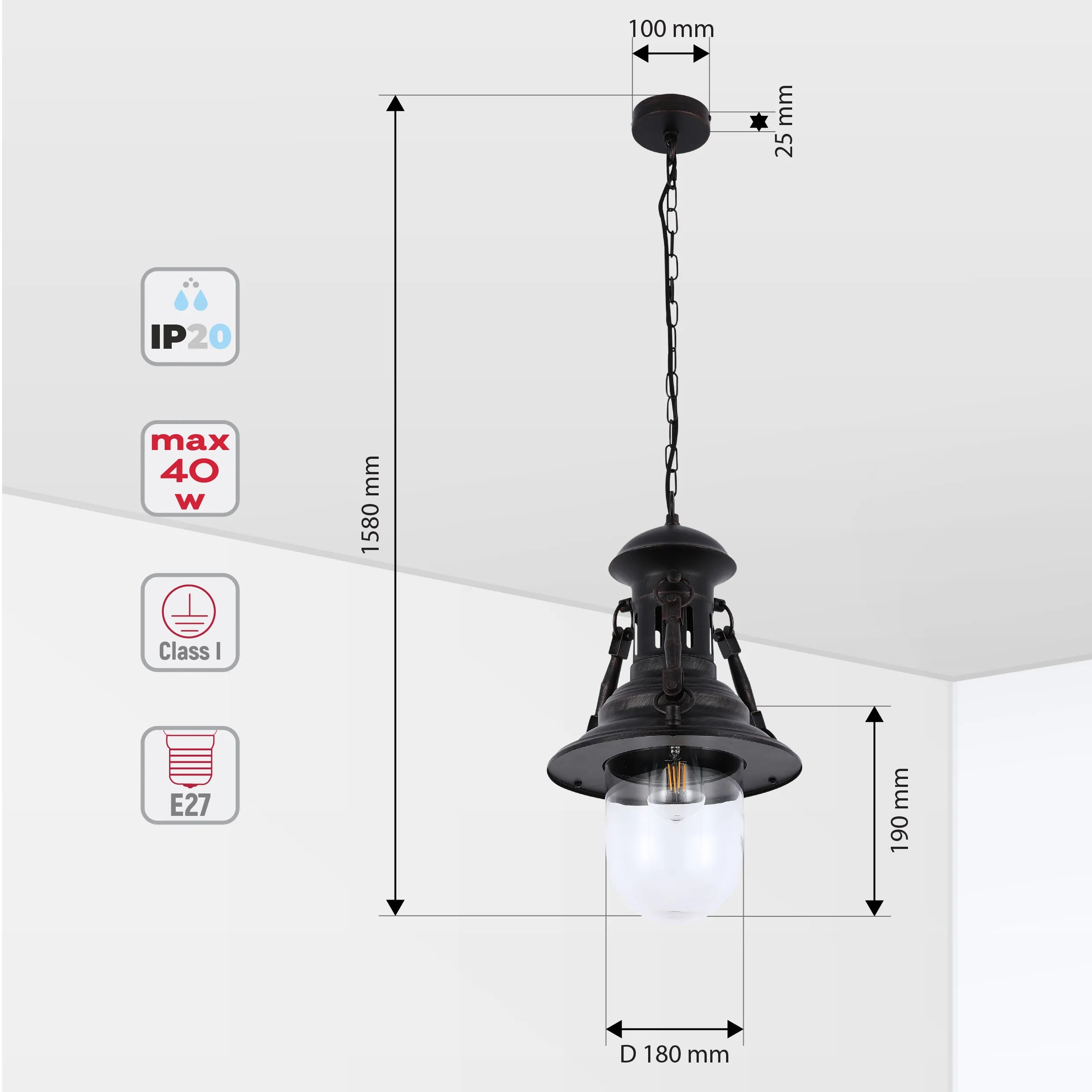 Black Dome Industrial Vintage Pendant Light E27