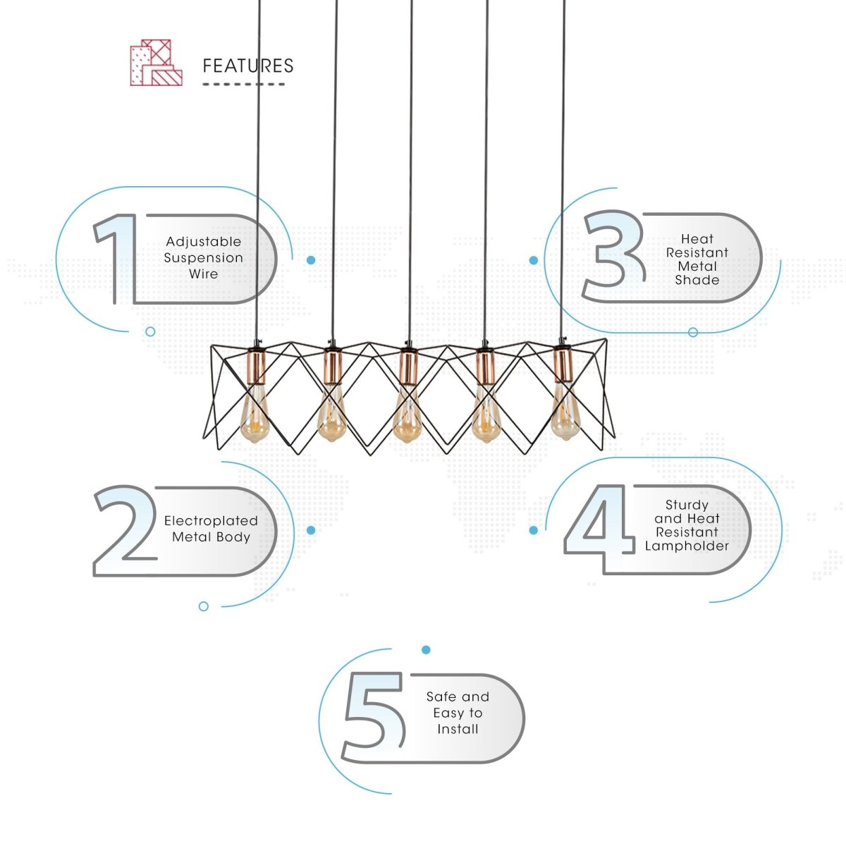 Features of black metal caged island chandelier with 5xe27 fitting