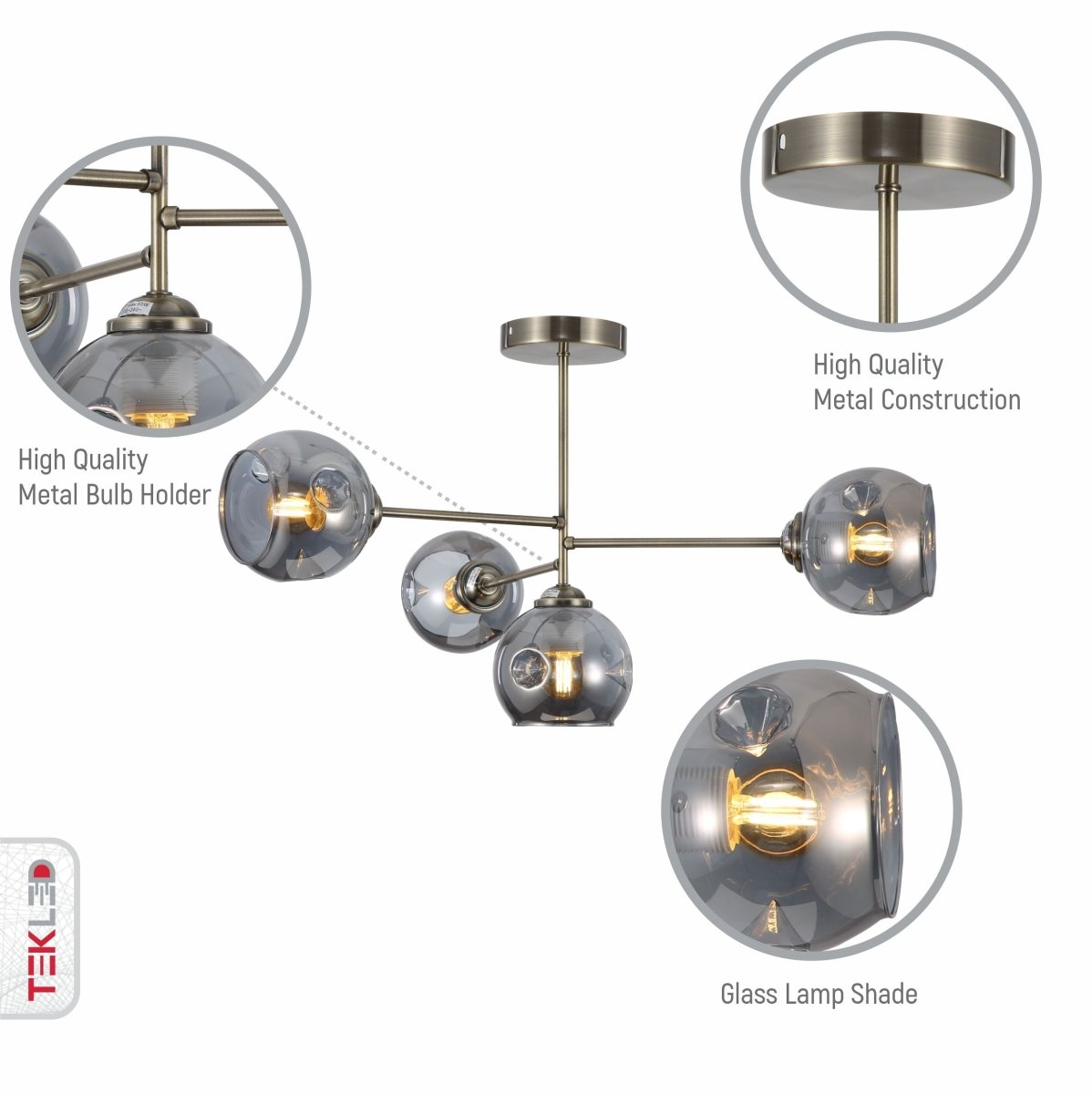 Features of clear glass dome antique brass semi flush ceiling light 4xe27