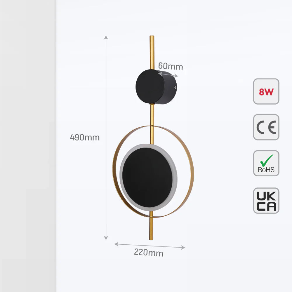 Designer Geometric Black Moon in Gold Circle Modern LED Wall Light 3000K 8W 5