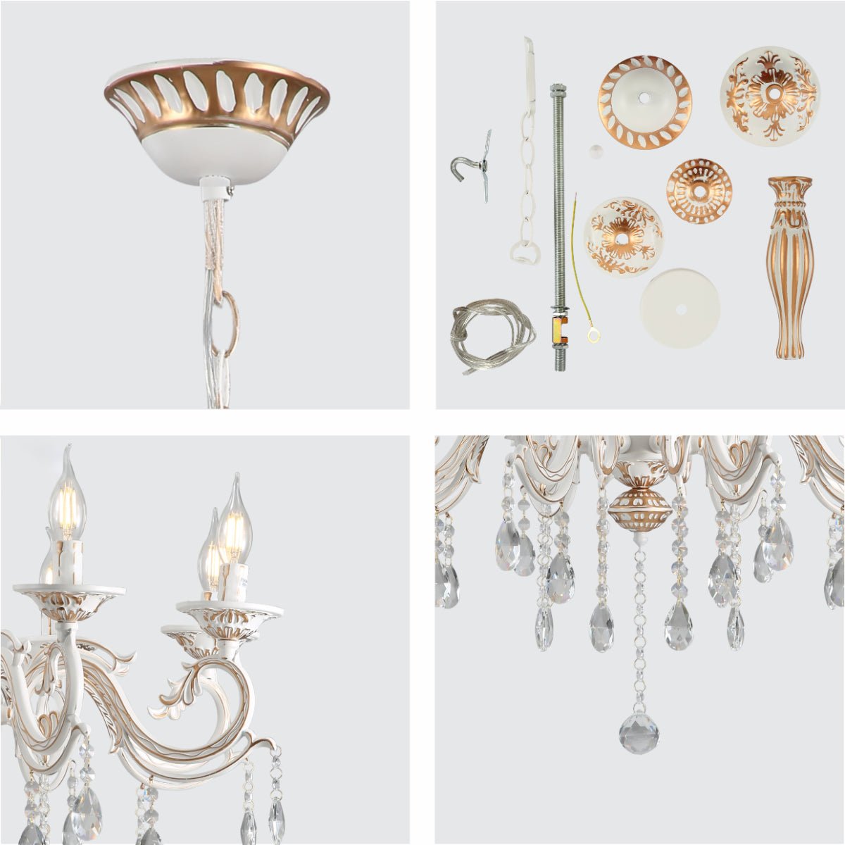 Detailed shots of 8 Arm Chandelier Light Ceiling Light Traditional French Vintage Retro Candle Metal and Crystal Gold Aged Cream 8xE14 | TEKLED 159-17832