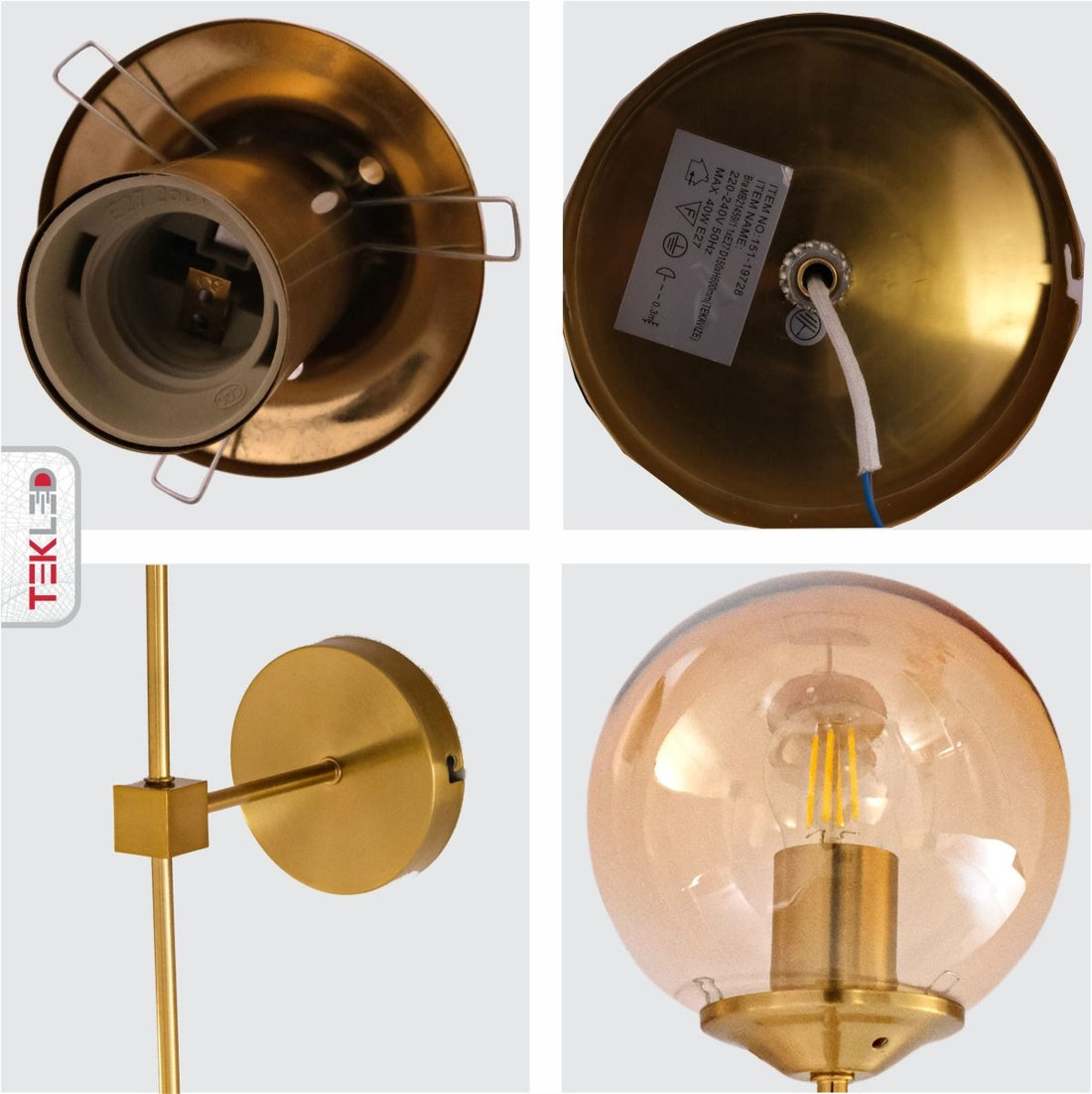 Detailed shots of Amber Glass Gold Metal Wall Light L with E27 Fitting | TEKLED 151-19728
