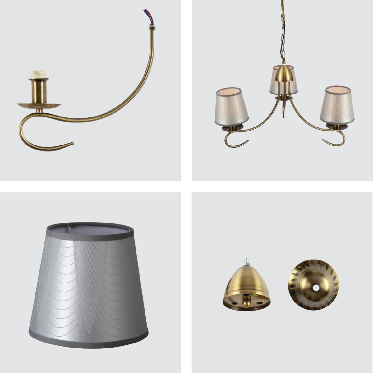 Detailed shots of Antique Brass Arm Grey Frustum Shaded Candle Vintage Chandelier Ceiling Light with E14 Fittings | TEKLED 159-17698