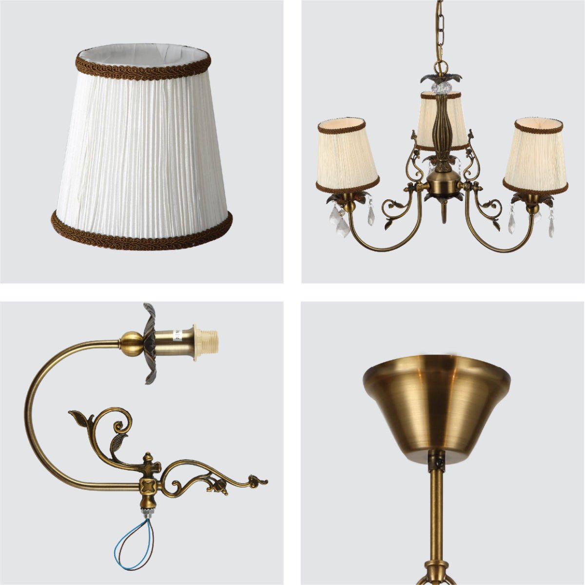 Detailed shots of Antique Brass Finishing Metal Body Off White Shade Candle Vintage Crystal Ceiling Light with E14 | TEKLED 156-18200