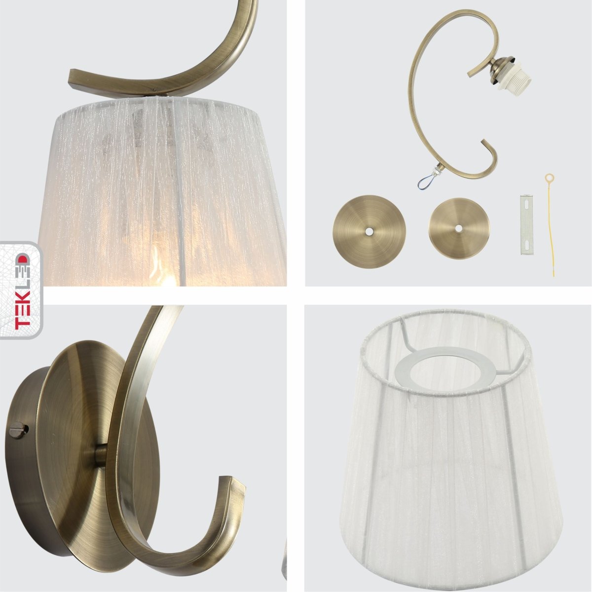 Detailed shots of Antique Brass Metal Body Rice White Fabric Shade Lantern Vintage Traditional Retro Wall Light with E27 Fitting | TEKLED 151-19812