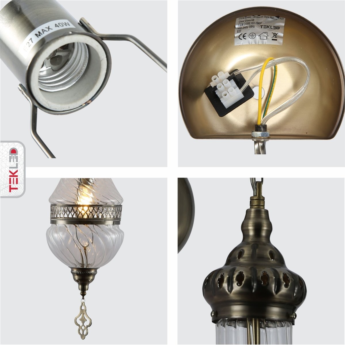 Detailed shots of Clear Glass Antique Bronze Metal Body Moroccan Style Wall Light with E27 Fitting | TEKLED 151-19457