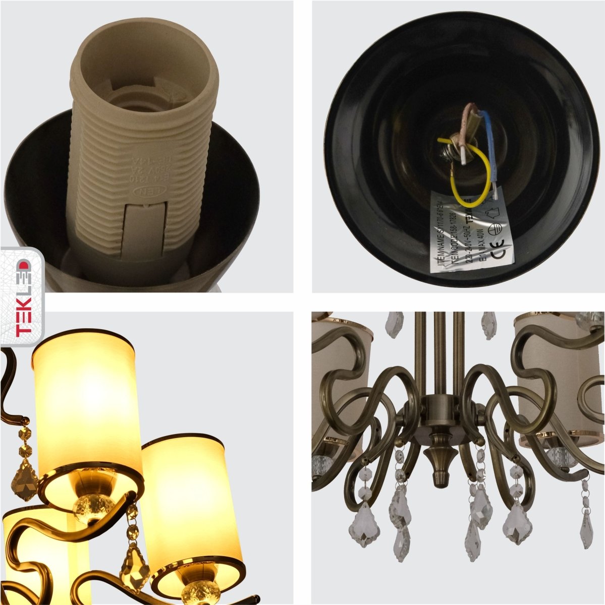 Detailed shots of Cream Shade Antique Brass Metal 6 Arm Chandelier with Pendeloque Crystals 6xE14 | TEKLED 158-17826