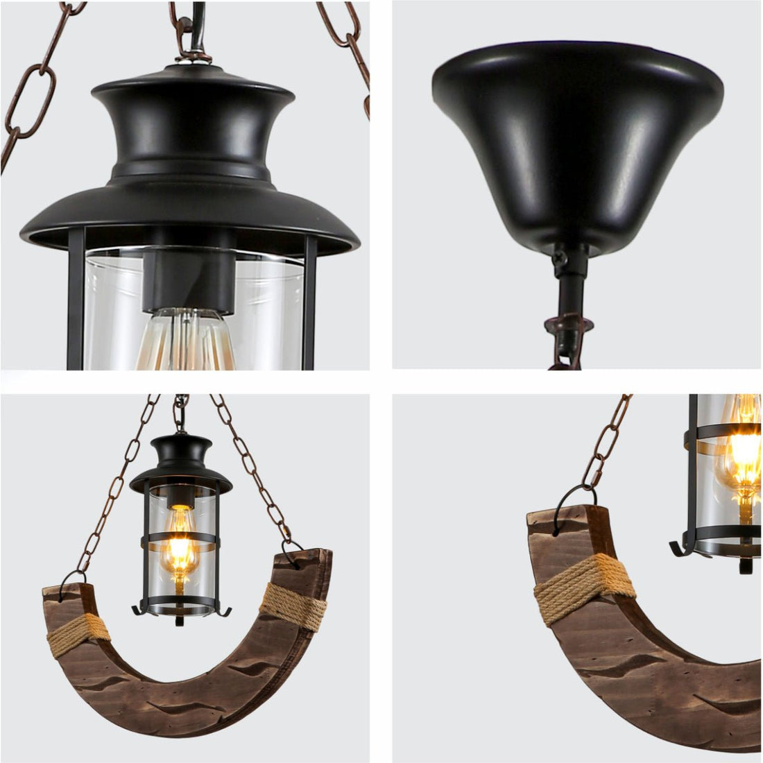 Detailed shots of Crescent Wood Glass Cylinder Shaded Rustic Farmhouse Nautical Pendant Ceiling Light E27 | TEKLED 159-17848