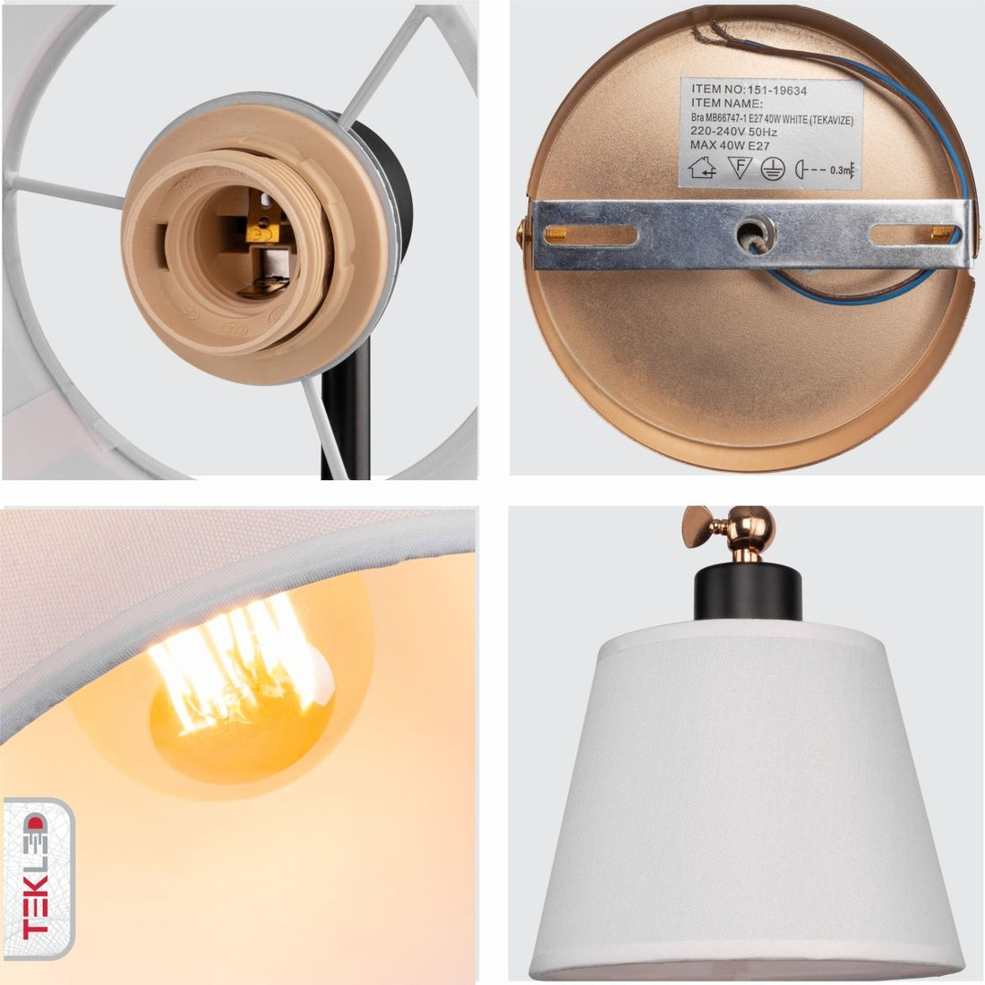 Detailed shots of Golden Black Metal Swing Arm Hinged White Frustum Wall Light with E27 Fitting | TEKLED 151-19634