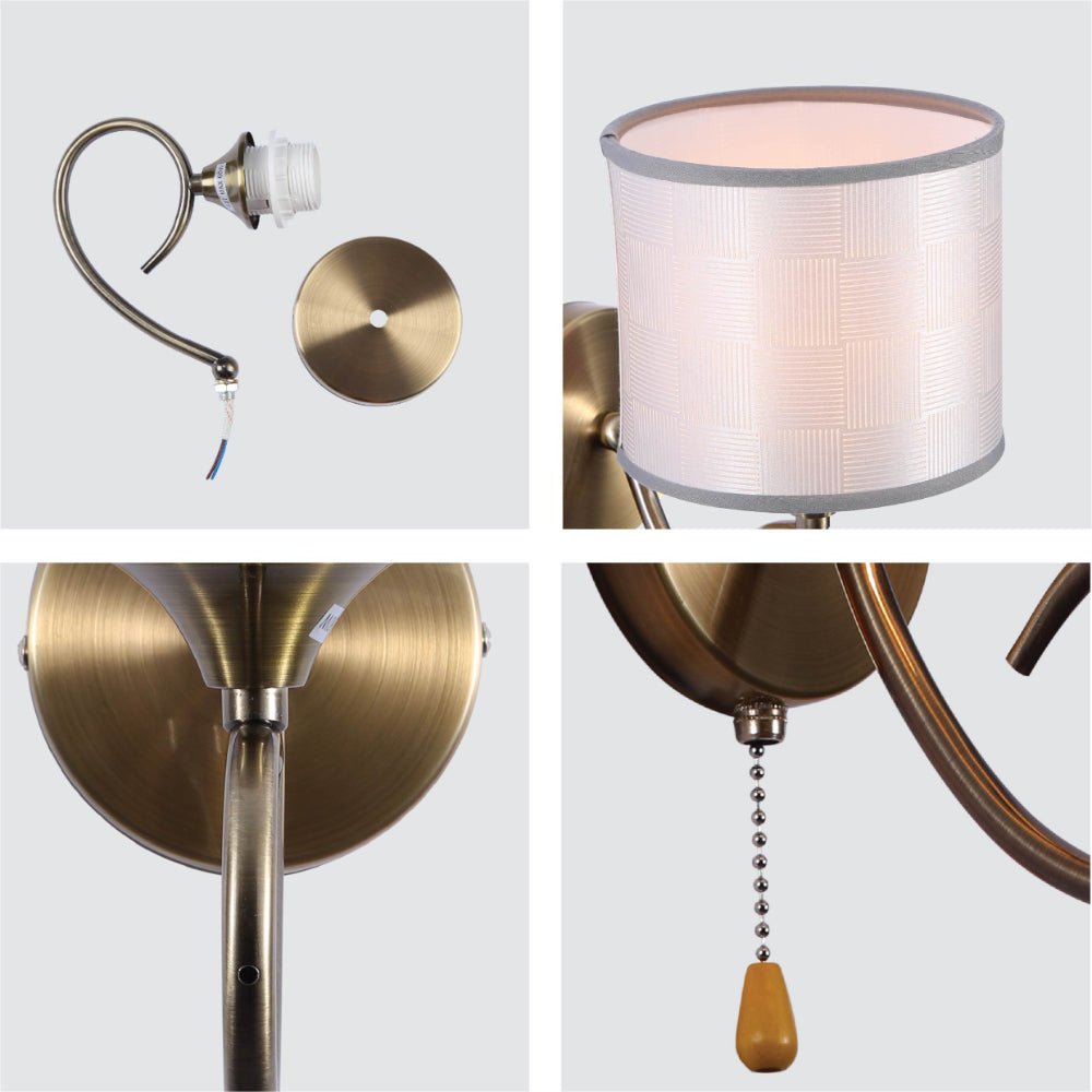 Detailed shots of Grey Fabric Shade Antique Brass Hook Metal Vintage Retro Classic Wall Light with Pull Down Switch E27 Fitting | TEKLED 151-19798