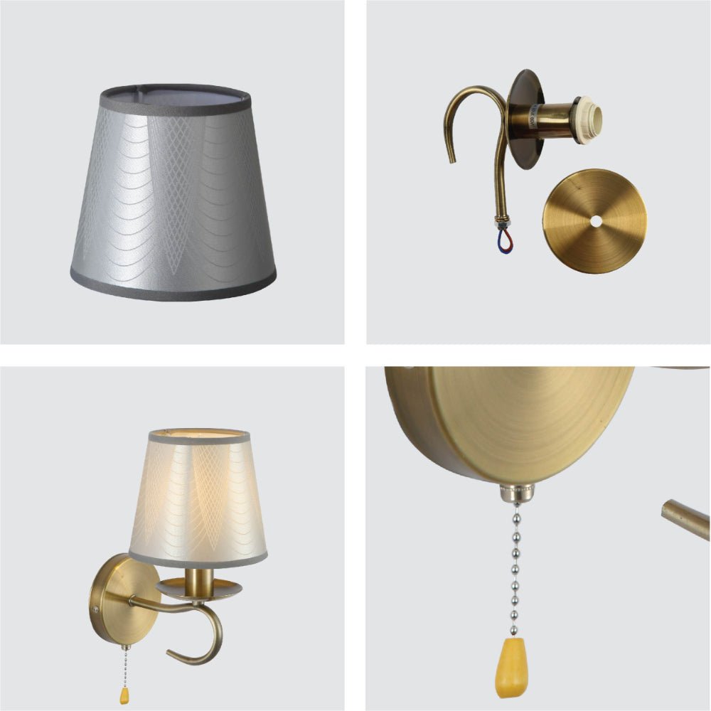 Detailed shots of Grey Frustum Fabric Shade Antique Brass Vintage Wall Light E14 Pull Down Switch | TEKLED 151-19796