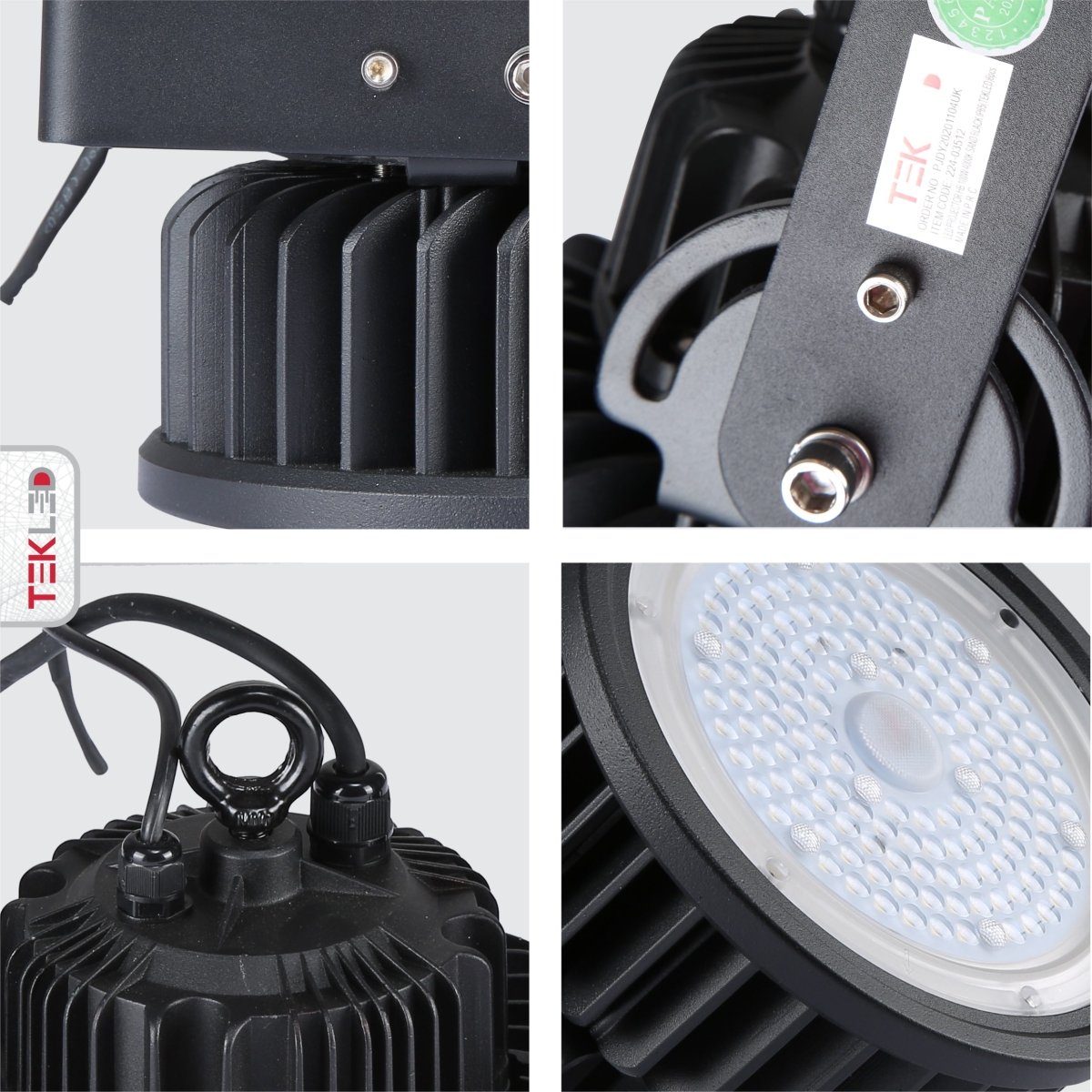 Detailed shots of LED UFO Cold Forged Heatsink Highbay Light 100W Cool White 4000K Sand Black IP65 | TEKLED 224-03512