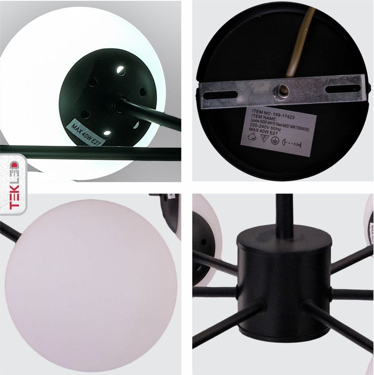 Detailed shots of Snowflake Opal Globe Glass Black Body Ceiling Light with 6xE27 Fittings | TEKLED 159-17423