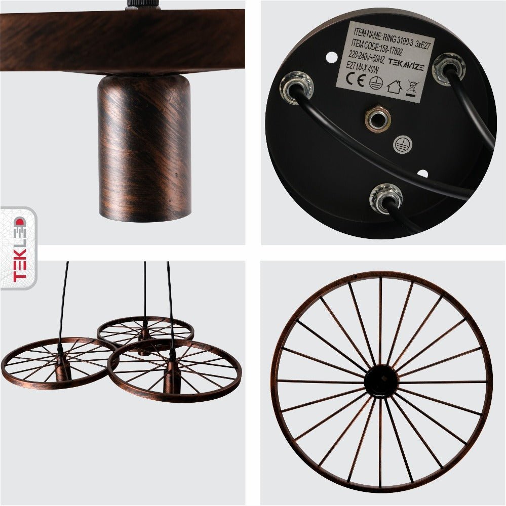 Detailed shots of Vintage Industrial Wagon Wheel Pendant Light with 3xE27 Fitting | TEKLED 158-17892