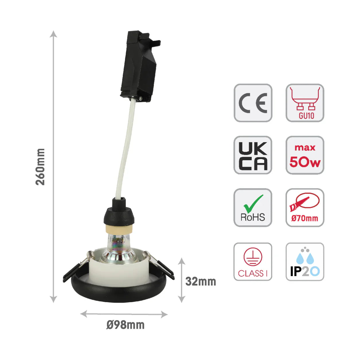 Size and certifications of Die-Cast Aluminium Fixed GU10 Downlight with Color-Accented Bezel 143-04036
