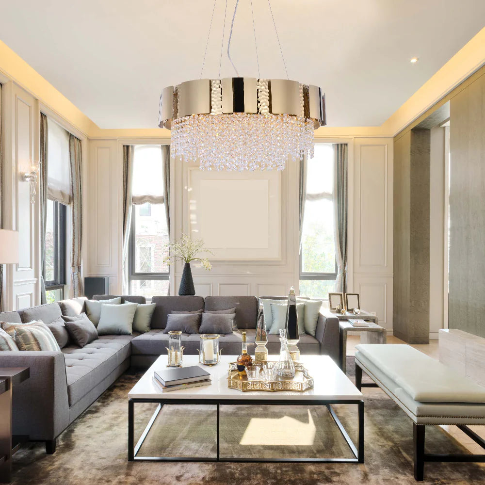 Interior application of Dimpled Octagonal Crystal Beads Waterfall Chandelier Ceiling Light Gold | TEKLED 159-17906