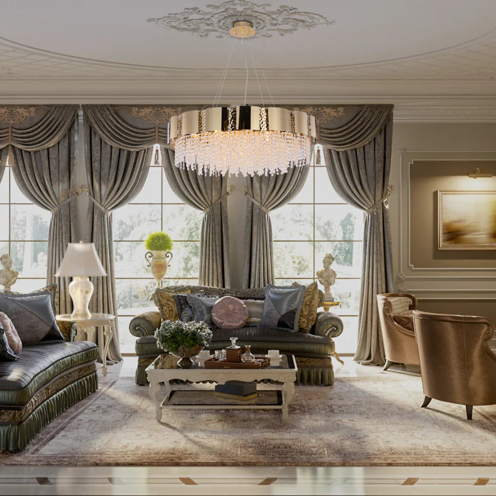 Living room kitchen bedroom use of Dimpled Octagonal Crystal Beads Waterfall Chandelier Ceiling Light Gold | TEKLED 159-17908