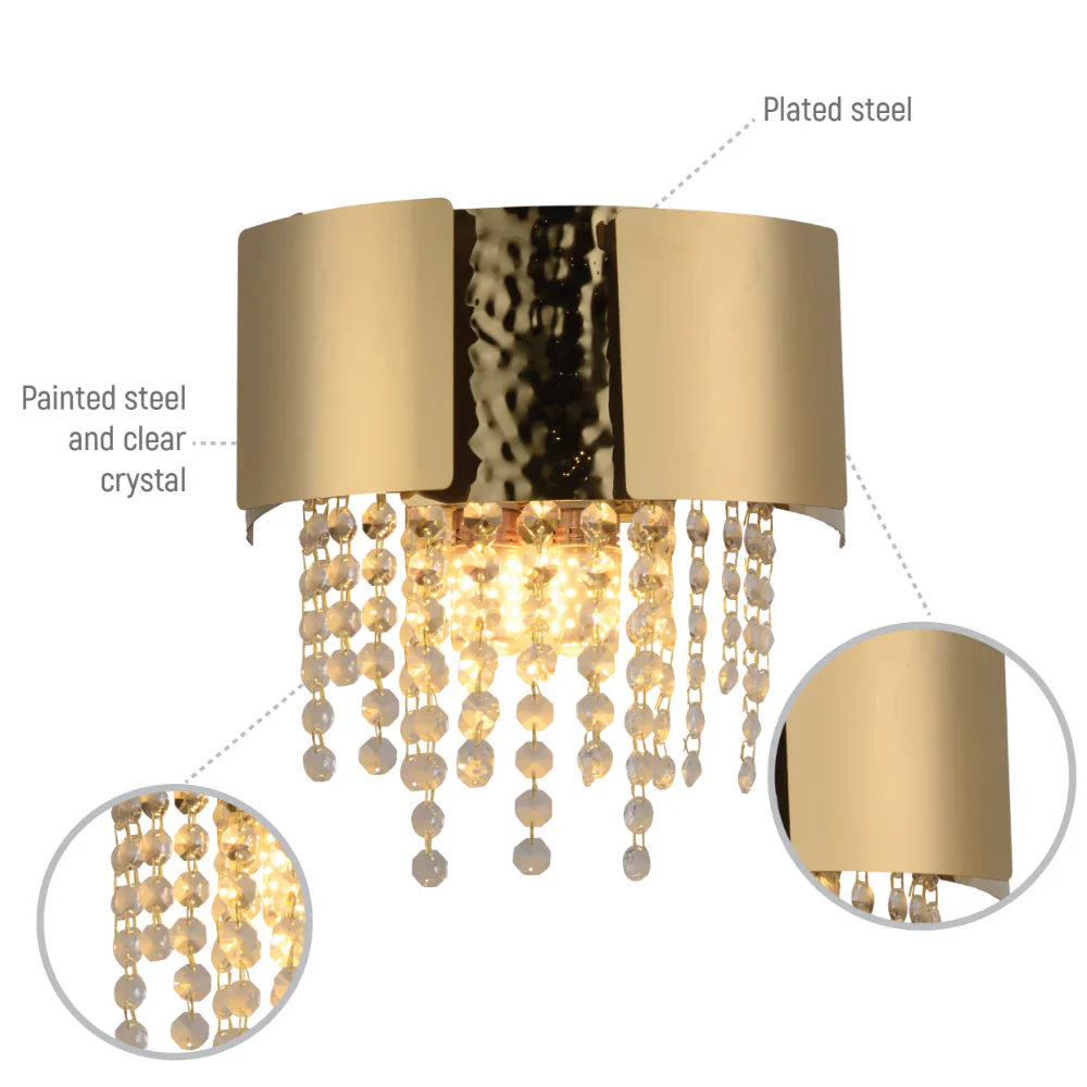 Close up of Dimpled Octagonal Crystal Beads Waterfall Wall Sconce Light Old Gold | TEKLED 151-19918