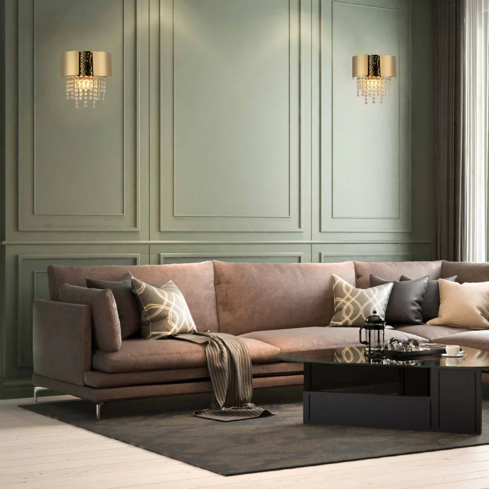 Living room kitchen bedroom use of Dimpled Octagonal Crystal Beads Waterfall Wall Sconce Light Old Gold | TEKLED 151-19918