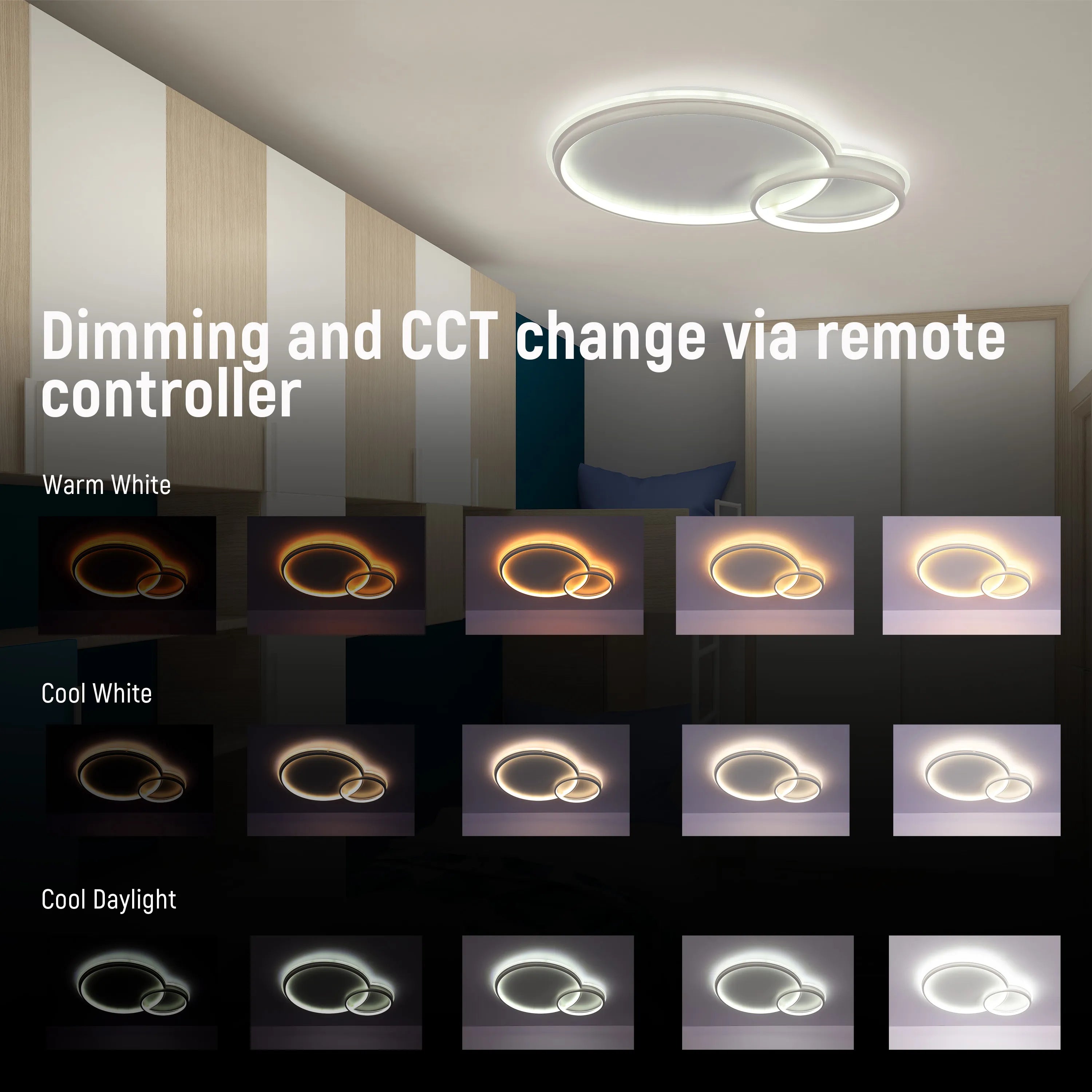Dual-Ring LED Ceiling Light, CCT Tunable Dimmable with Remote, Flush Mount, LED Flush Ceiling Light, TEKLED