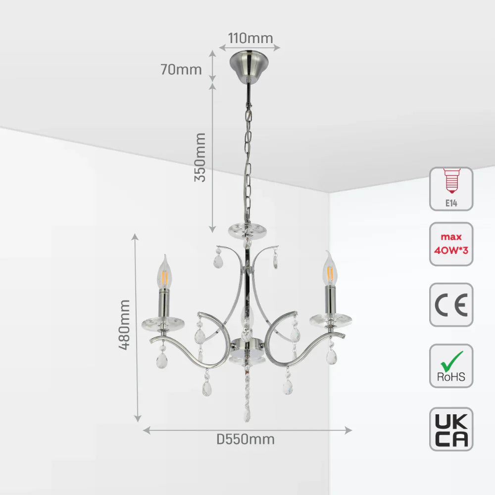 Size and tech specs of Elegant Chrome Chandelier Ceiling Light with Crystal Beads | TEKLED 152-171512