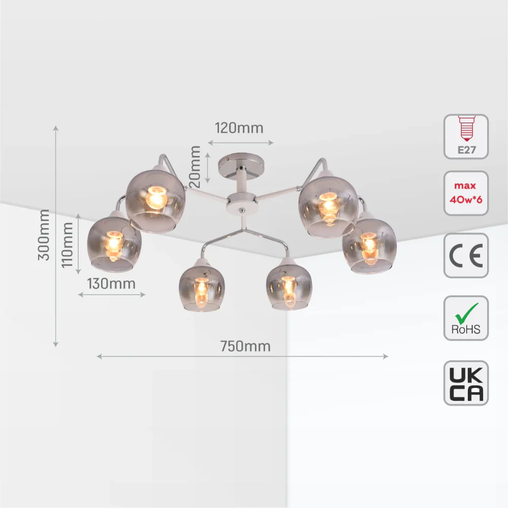 Size and tech specs of Elegant Wishbone Chrome & Smoky Glass Semi Flush Ceiling Light | TEKLED 159-17991