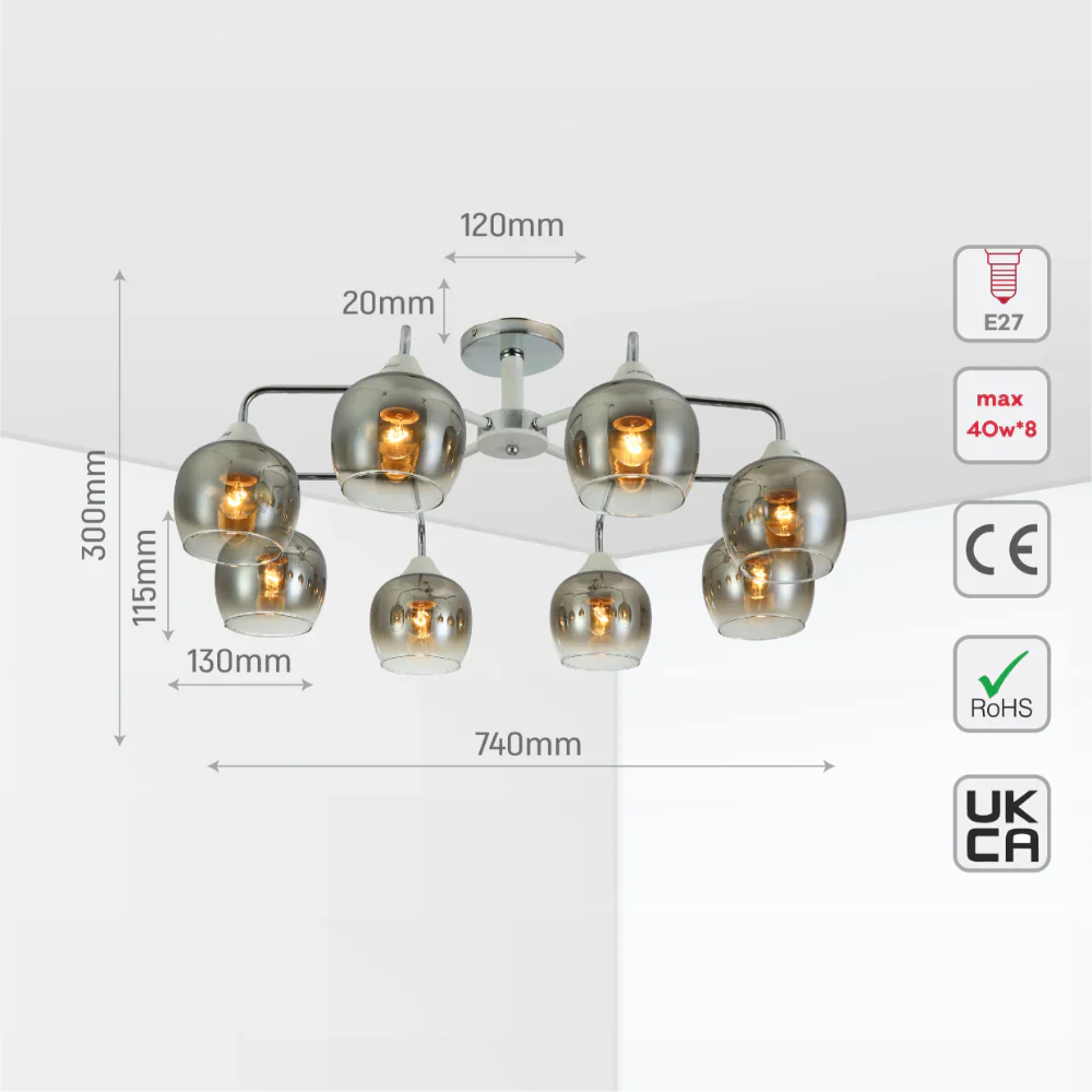 Size and tech specs of Elegant Wishbone Chrome & Smoky Glass Semi Flush Ceiling Light | TEKLED 159-17992
