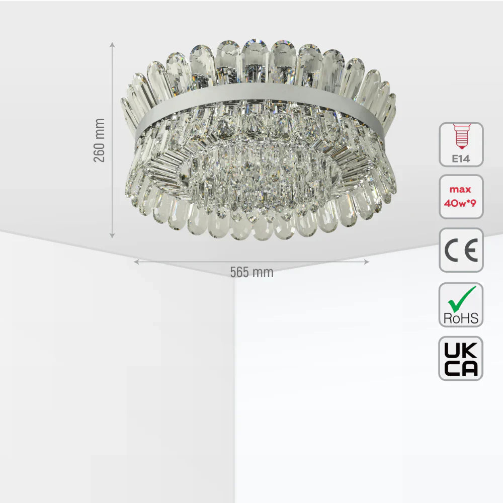 Size and tech specs of Flush Ring Crystal Deluxe Chandelier Ceiling Light | TEKLED 159-18074