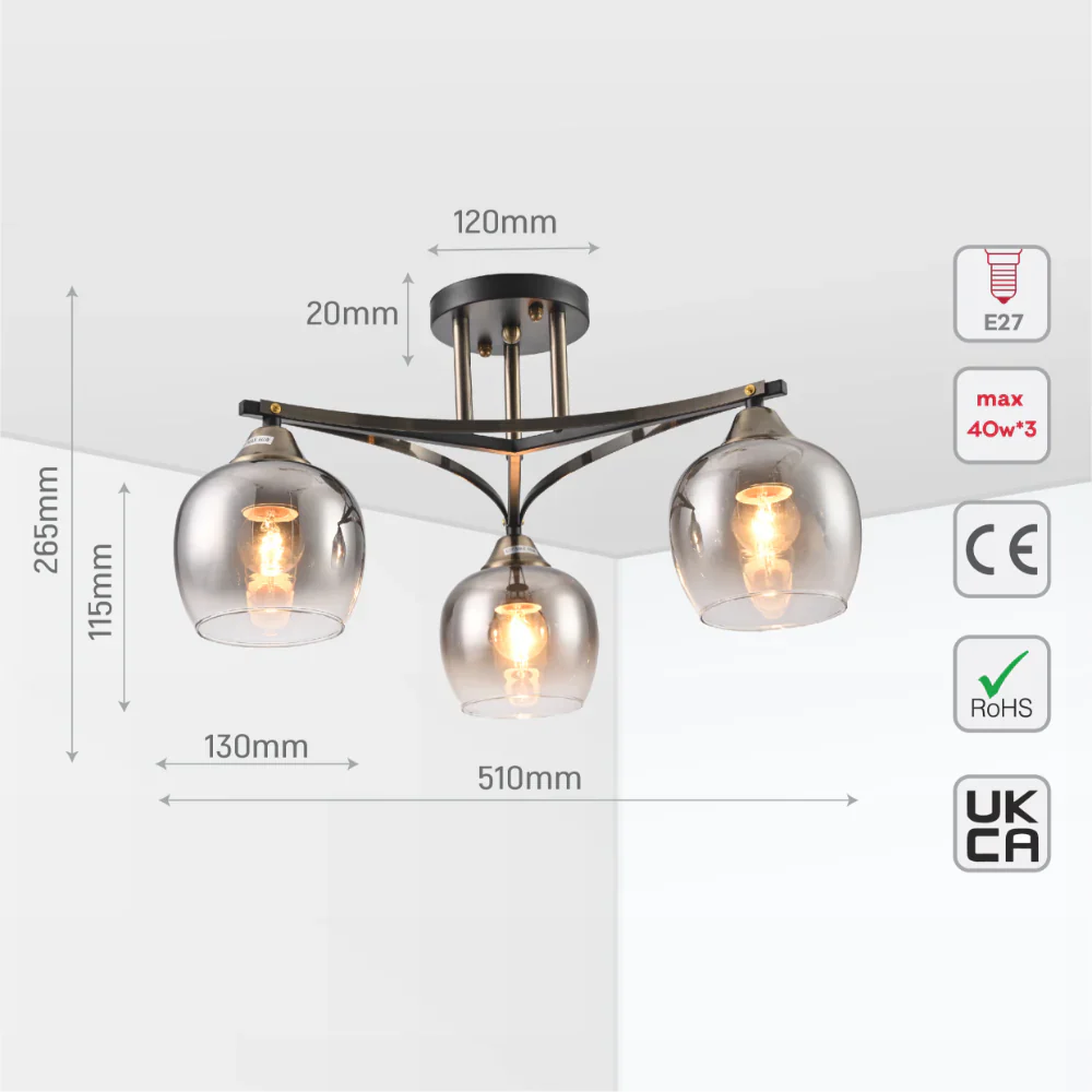 Size and tech specs of Geometric Starburst Faded Smoky Grey Globe Black & Bronze Ceiling Light | TEKLED 159-179984