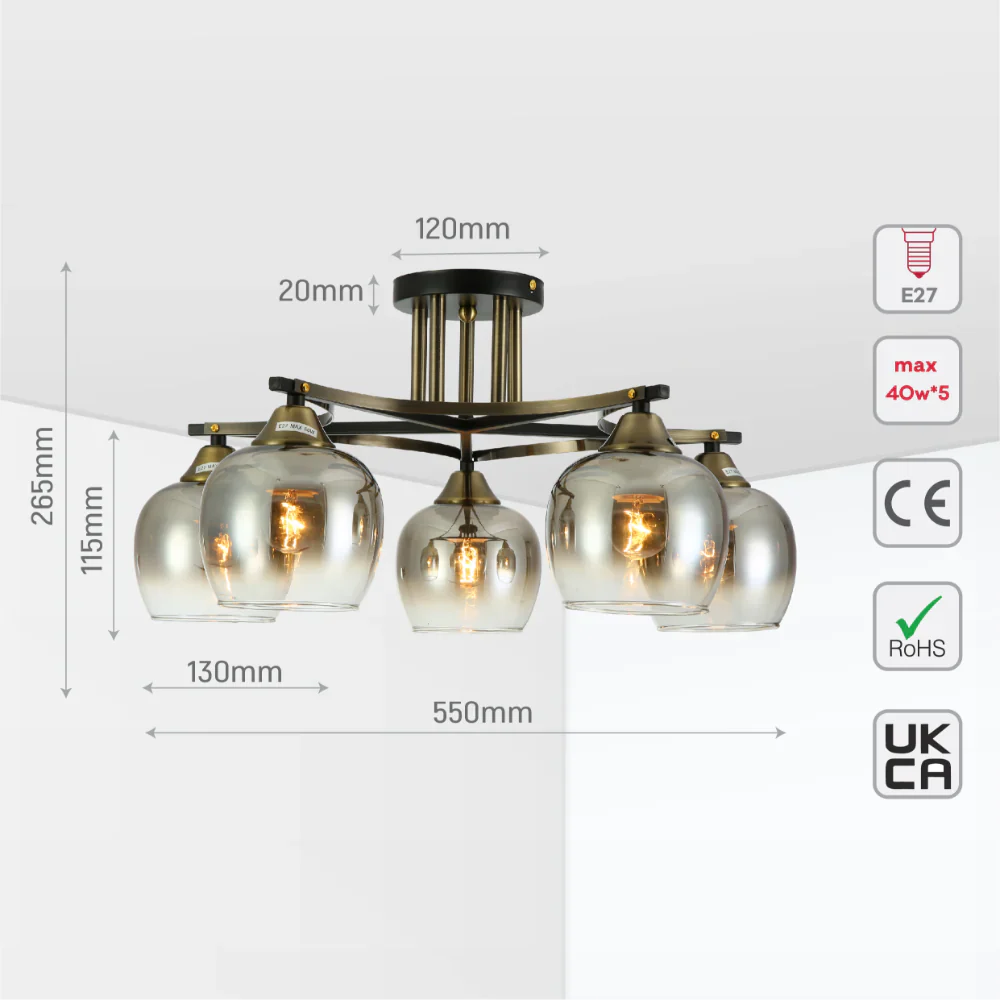 Size and tech specs of Geometric Starburst Faded Smoky Grey Globe Black & Bronze Ceiling Light | TEKLED 159-179985