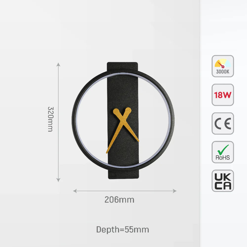 Glowing Sundial LED Wall Sconce Light Black 3000K 18W 5