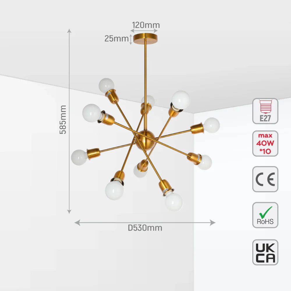 size and specs of Golden Equilibrium Sphere Sputnik Chandelier | 10-Light Geometric Elegance Fixture with opal bulb | TEKLED 158-19538