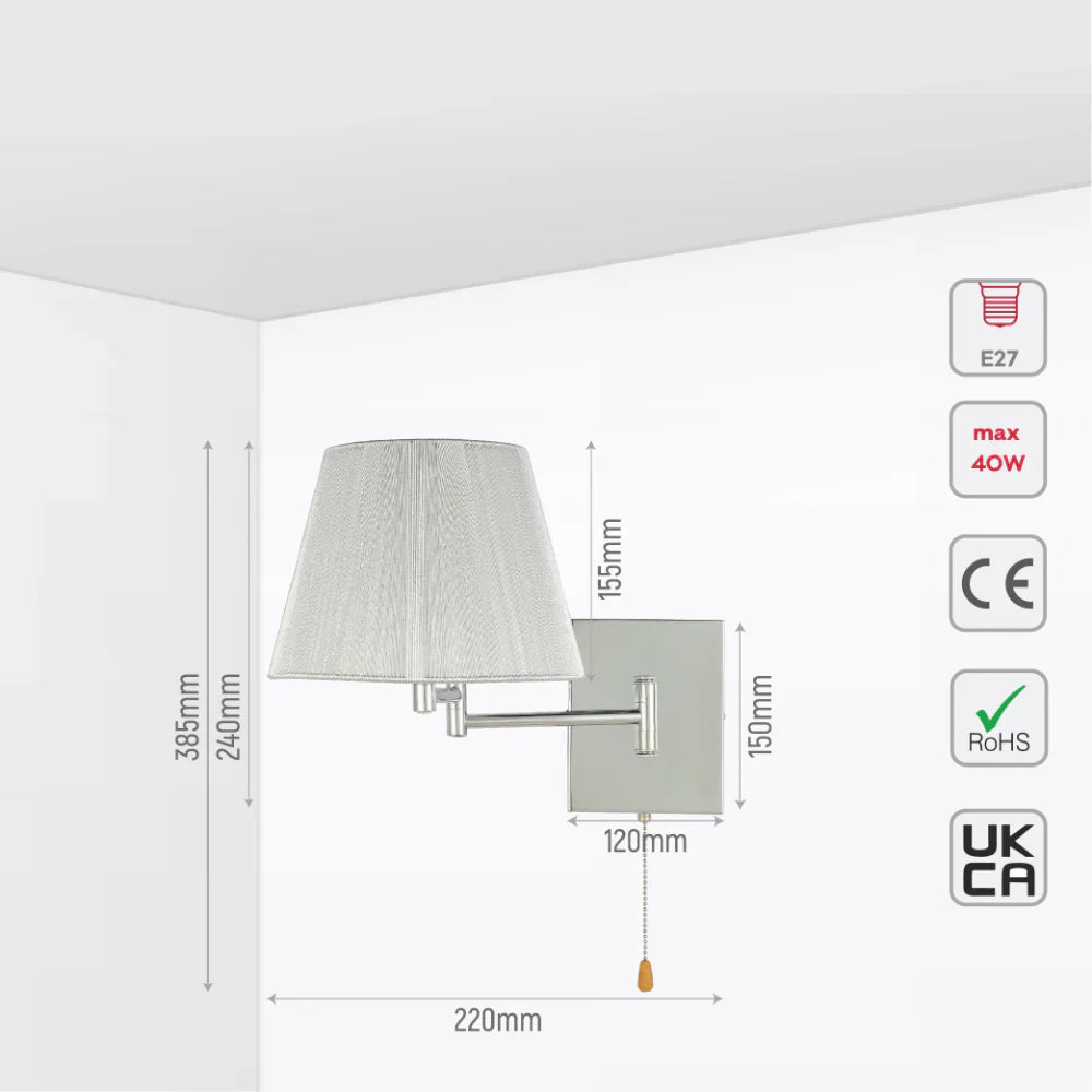 Size of white silvery fabric shade swing arm wall light