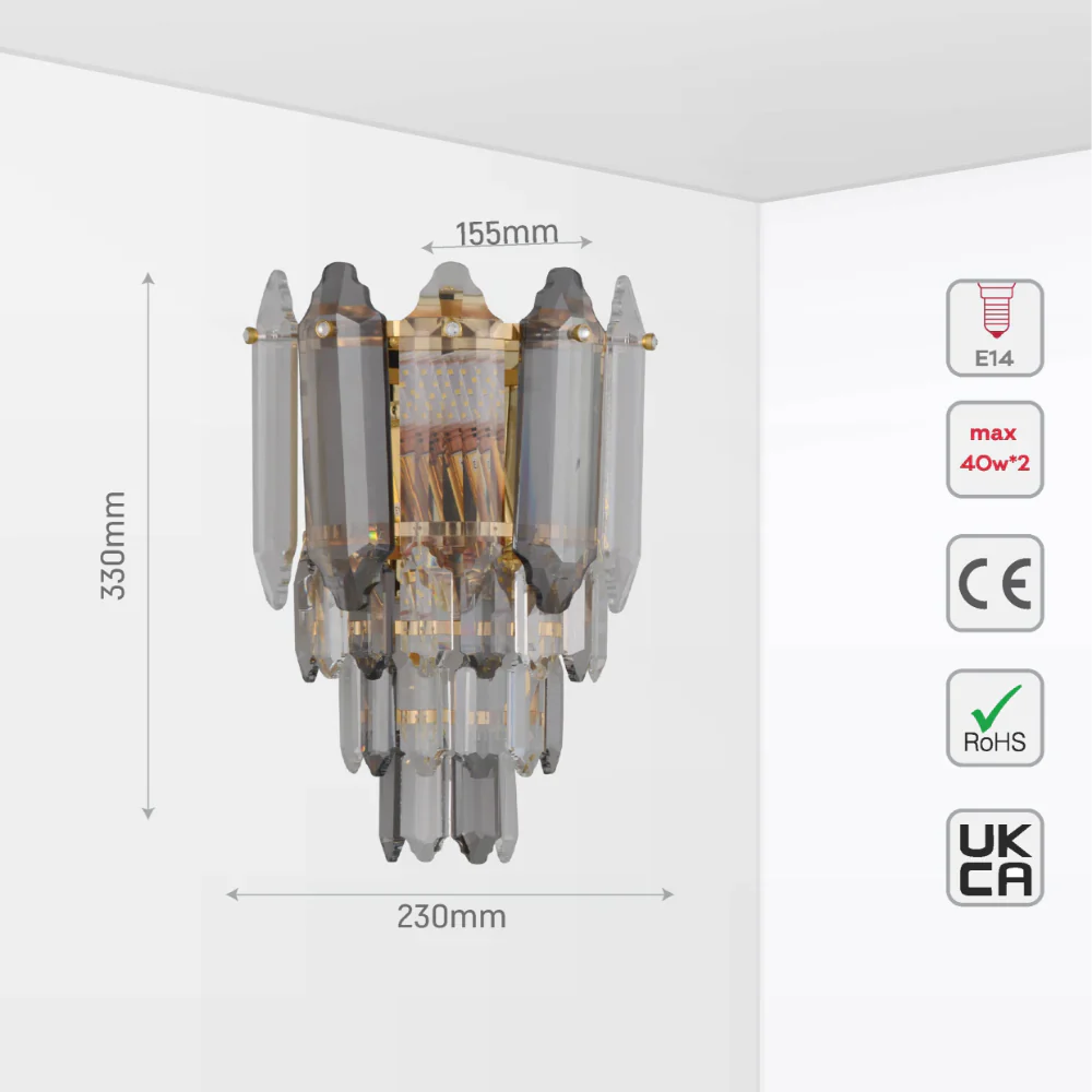 Size and tech specs of Golden Tiered Radiance with Alternating Crystal Hues Modern Wall Sconce Light | TEKLED 151-19920