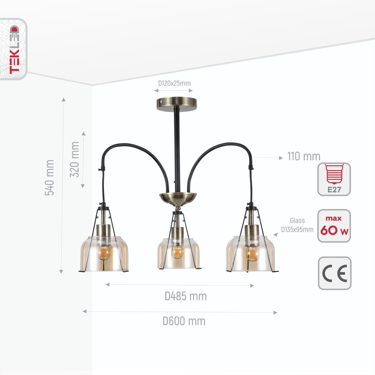 Product dimensions of amber glass black and antique brass suspended ceiling light 3xe27
