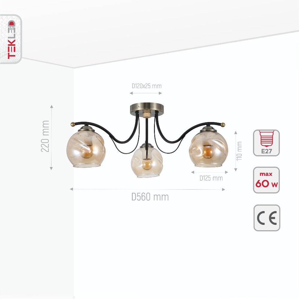 Product dimensions of amber glass dome black and antique brass metal semi flush ceiling light 3xe27