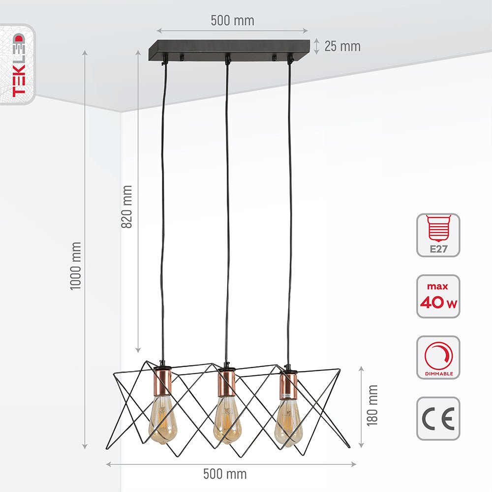 Product dimensions of black metal caged island chandelier with 3xe27 fitting