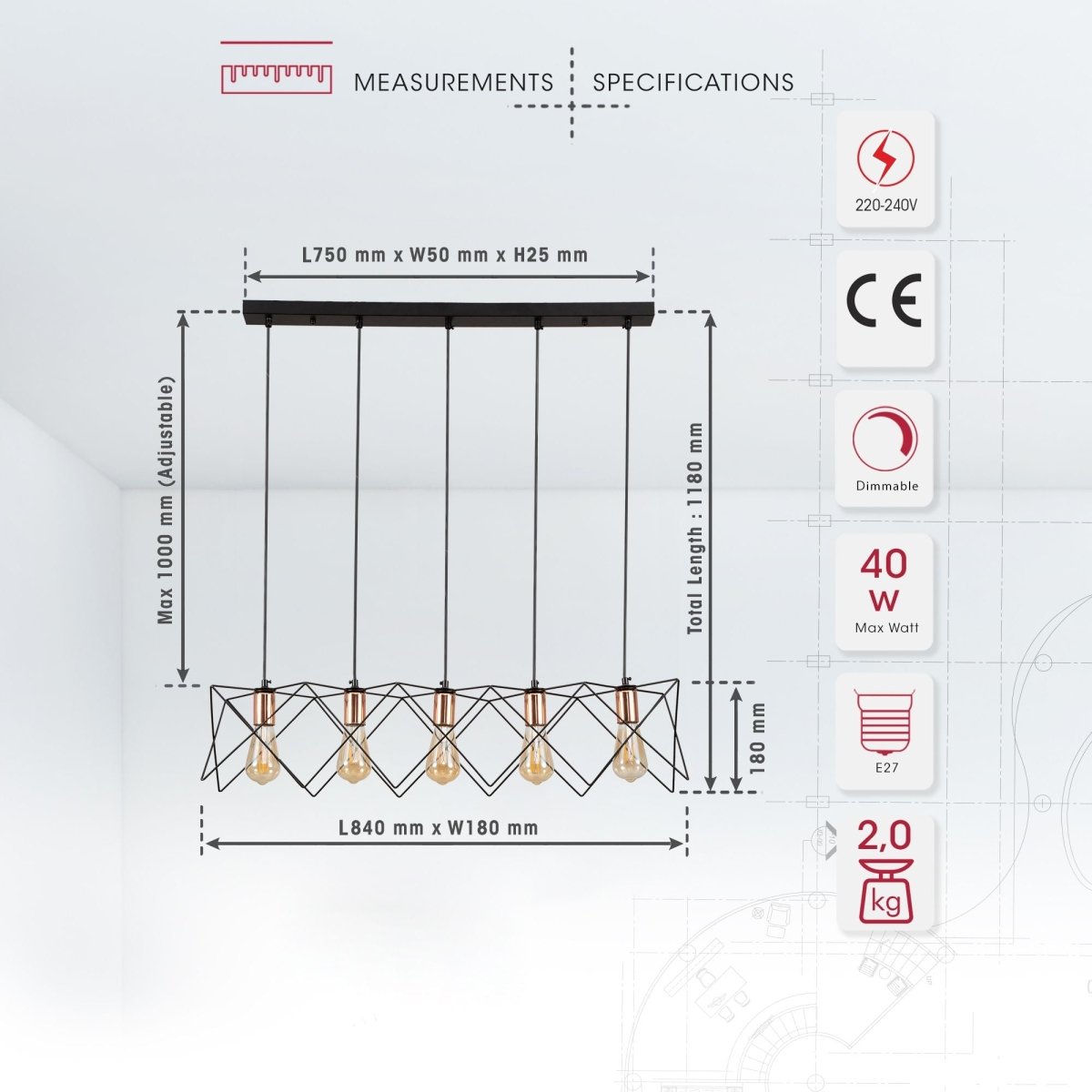 Product dimensions of black metal caged island chandelier with 5xe27 fitting