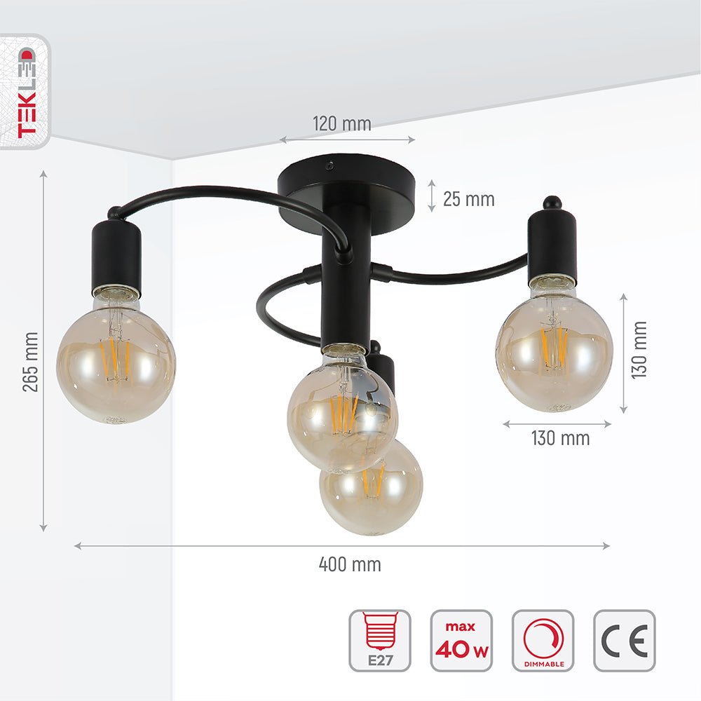 Product dimensions of black metal ceiling light with 4xe27 fitting