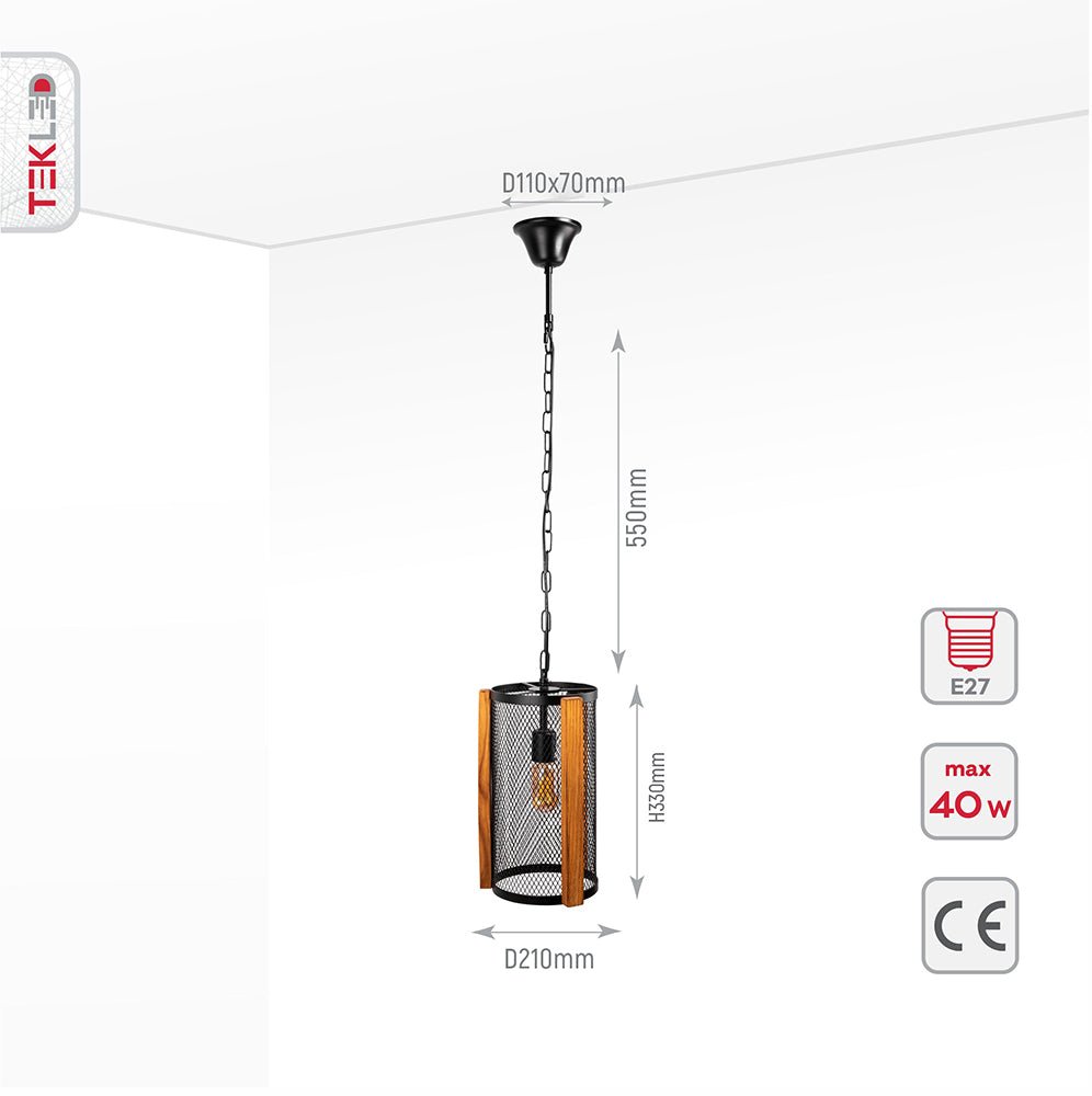 Product dimensions of black metal wood cylinder pendant light with e27 fitting