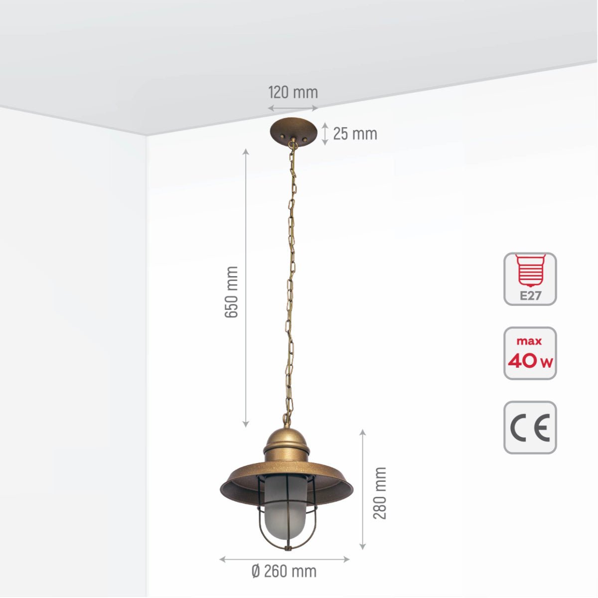 Size and specs of Bronze Metal Opal Glass Caged Step Pendant Ceiling Light with E27 | TEKLED 150-17100
