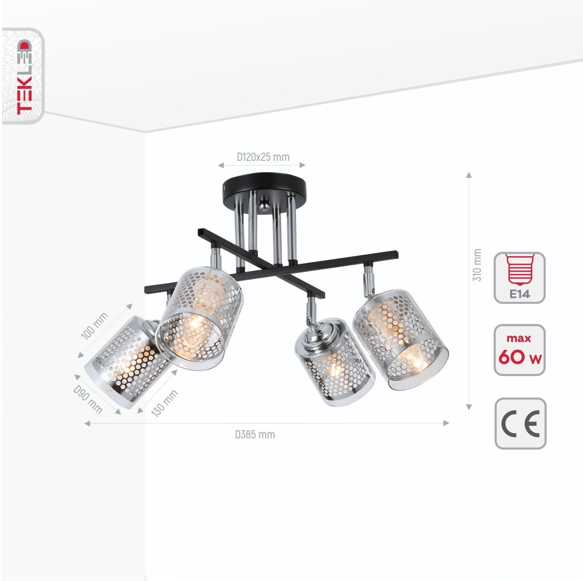 Product dimensions of chrome honeycomb black chrome body semi flush ceiling light 4xe14