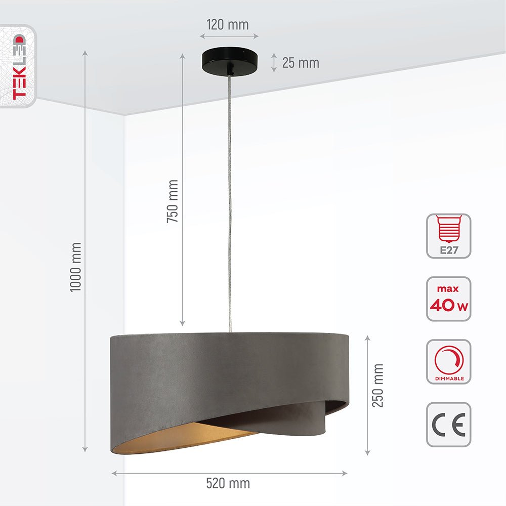 Product dimensions of grey fabric cylinder pendant light with e27 fitting