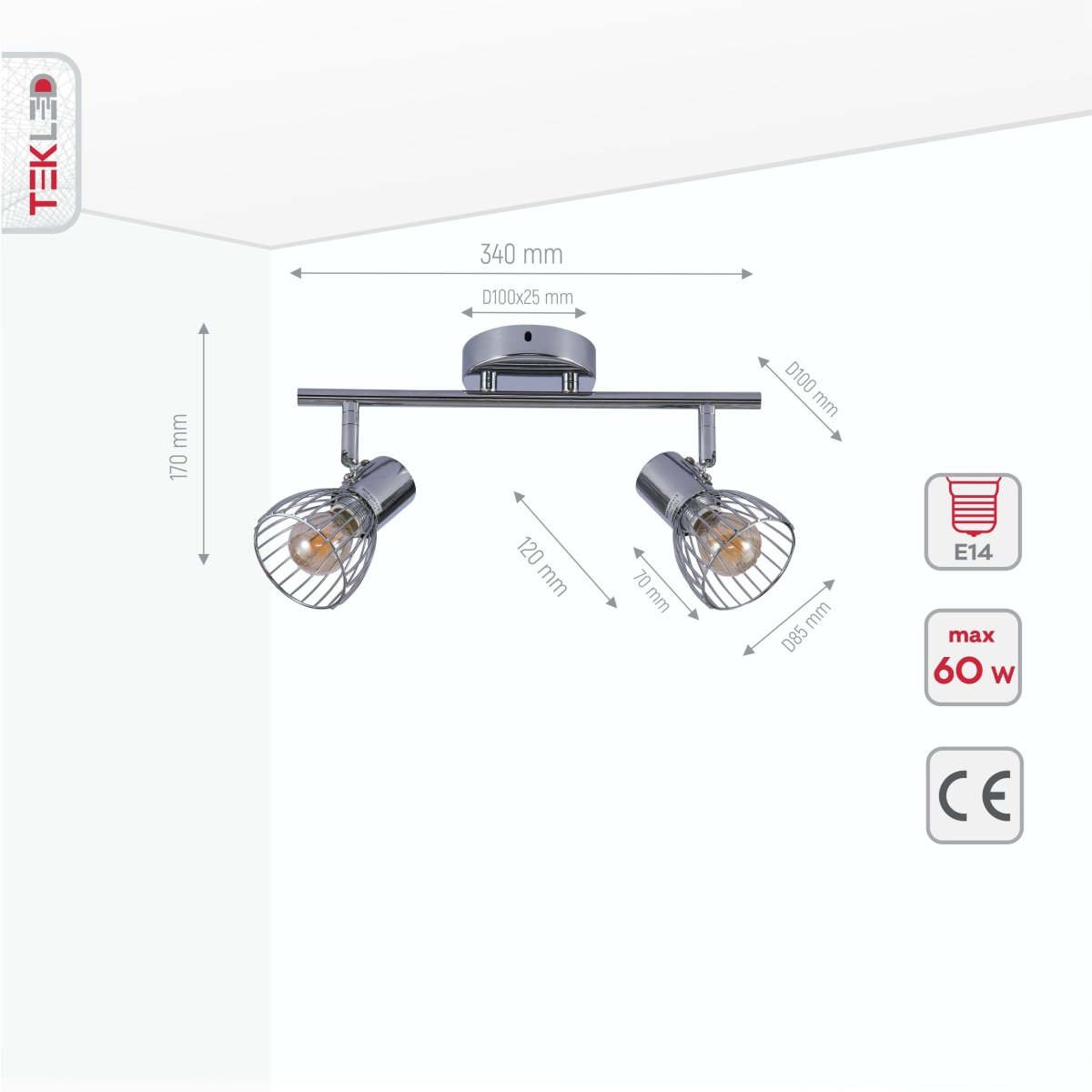 Product dimensions of silver cage chrome body semi flush ceiling light 2xe14
